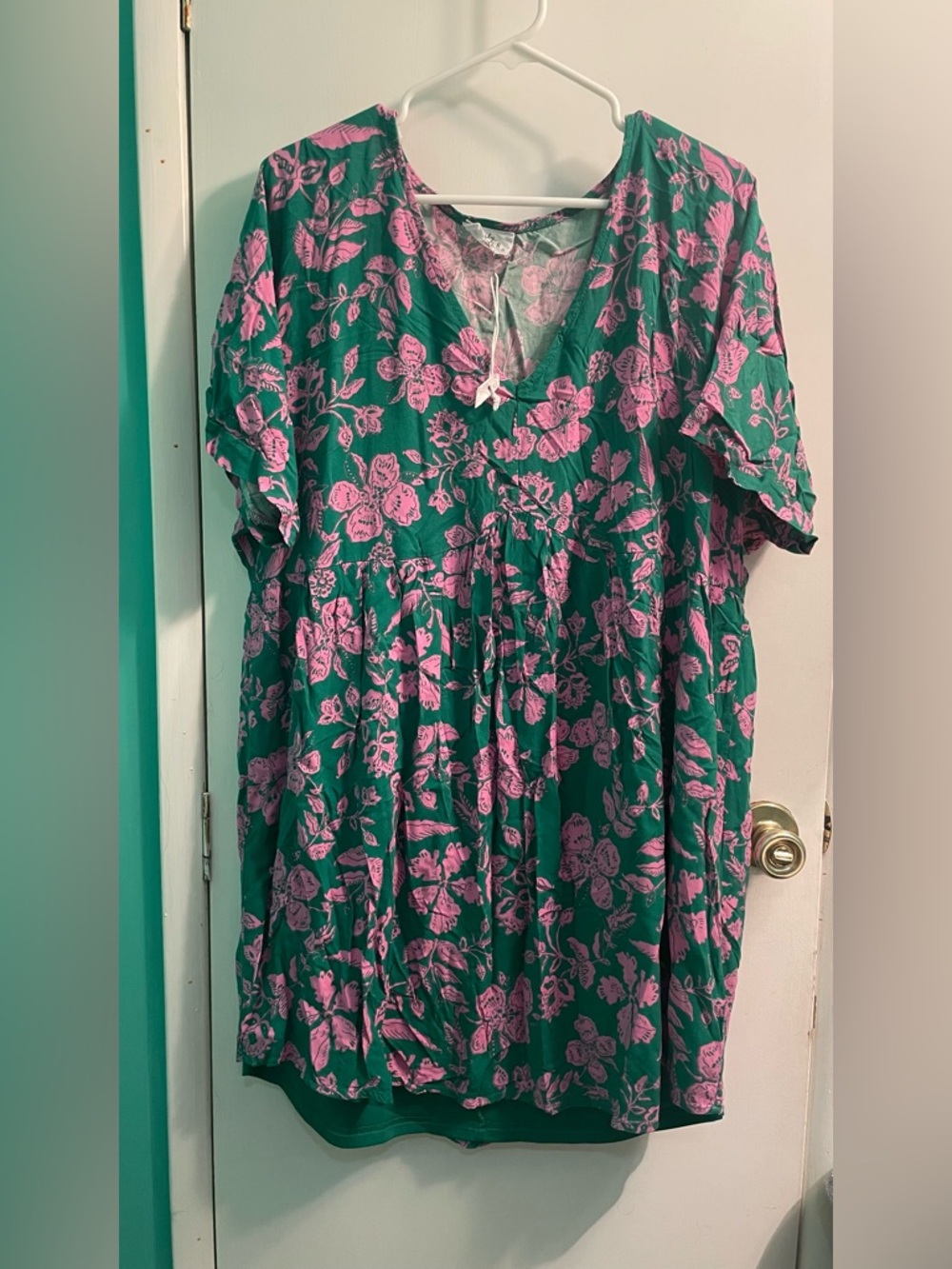 Emily Wonder Green Floral V-Neck Boho dress with Pink Flower Print 2X